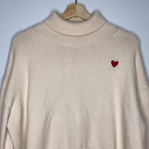 Cream Turtleneck Thick Knit Sweater with Heart Embroidered Detail - Picture 2 of 10